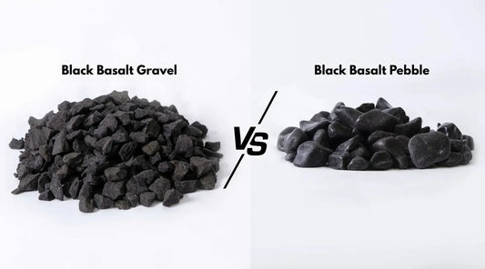 image showing differences between black basalt pebbles with rounded and smooth edges vs the black basalt gravel with sharp and uneven edges