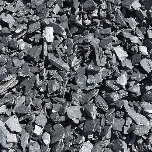 Close-up of dry black slate gravel 30-60mm showing natural angular texture, perfect for decorative UK garden paths and landscape borders.