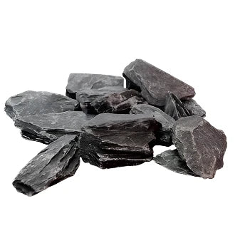 Black slate gravel 30-60mm decorative garden stones on white background, ideal for UK landscaping, paths, and driveways.