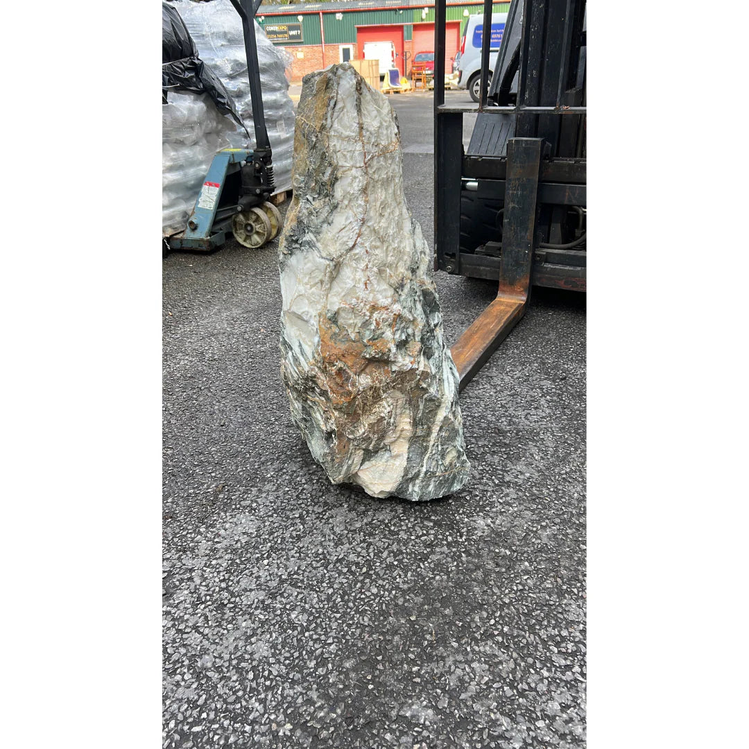 Natural stone garden monolith display highlighting unique patterns and raw texture from the UK collection.