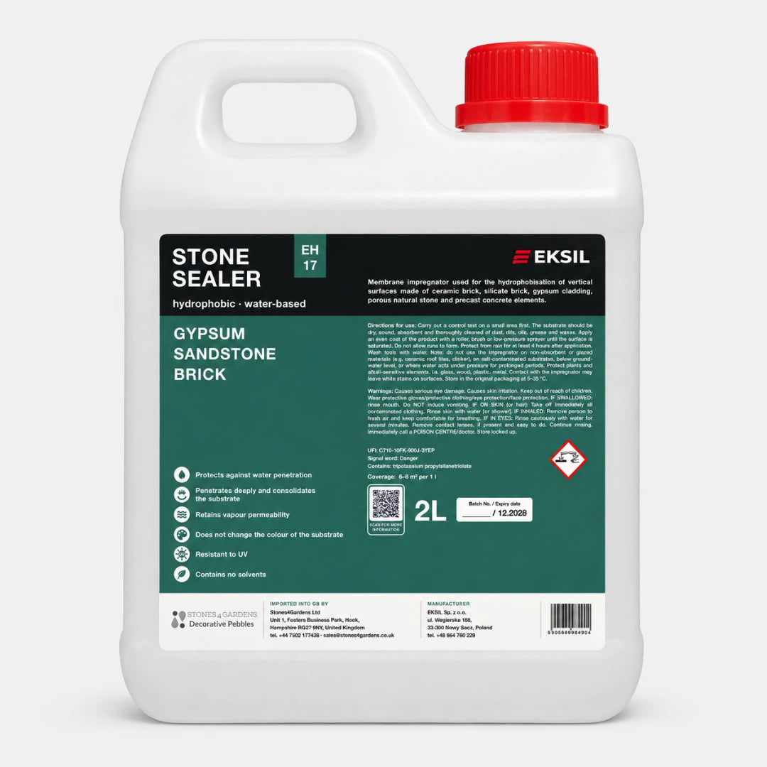 A 2L white plastic bottle of EKSIL Stone Sealer Gypsum Sandstone Brick with a red cap and a dark green and black label, shown on a light gray background.